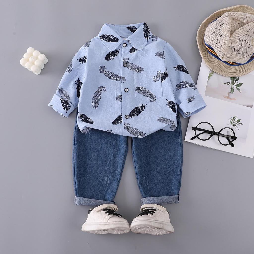 Boys' Cartoon Print Long Sleeve Top & Elastic Jeans Two-Piece Set