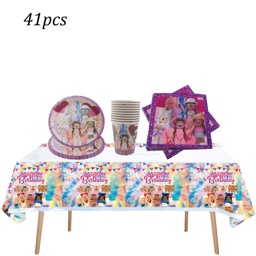 Pink Robloxed Theme Birthday Party Decorations Tableware Set Balloons Cups Plates Banner Backdrop Girls Baby Shower Supplies for Round Sensory 3