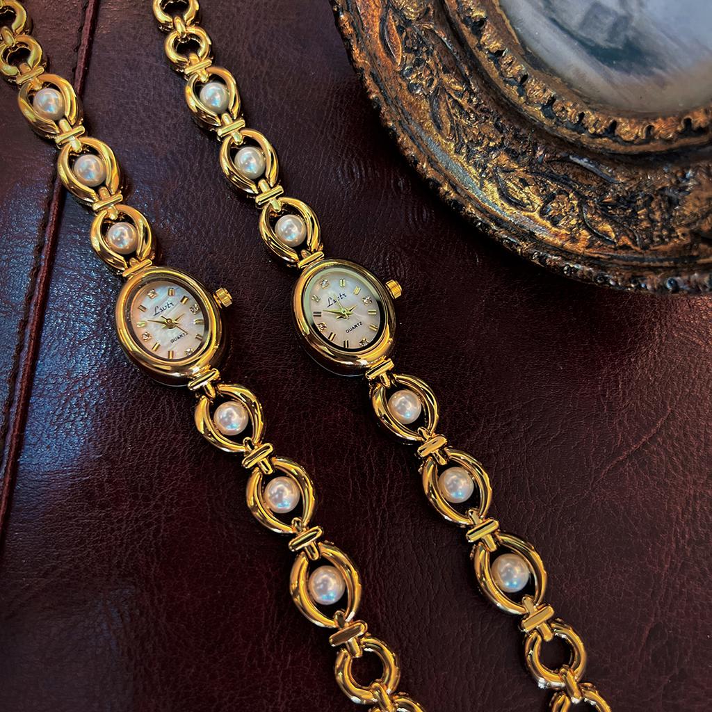 Francouzské Módní Elegantní Dámské Perlový Pásek 30m Vodotěsné Oválné Křemenné Náramkové Hodinky Pro Každodenní Nošení Hodinky na Dovolenou pro Ženy