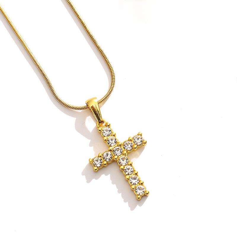 Luxury Full Zircon Cross Pendant Necklace - Titanium Stainless Steel 18K Gold Plated Shimmering Crucifix with Delicate Snake Chain