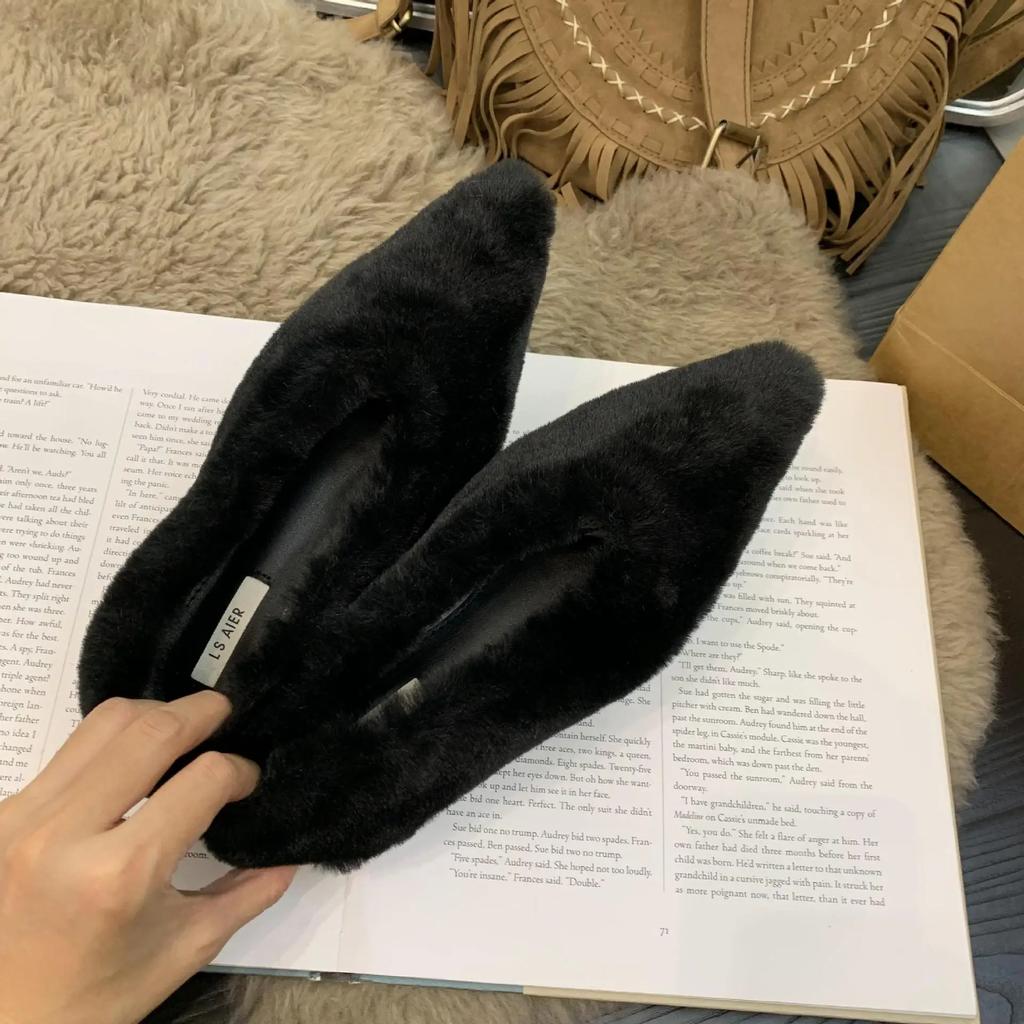 Pointed Toe Fur Ballet Flat Woman Shoes Winter Warm Plush Shallow Loafer Ladies Concise Furry Heeled Dress Shoes  Mujer