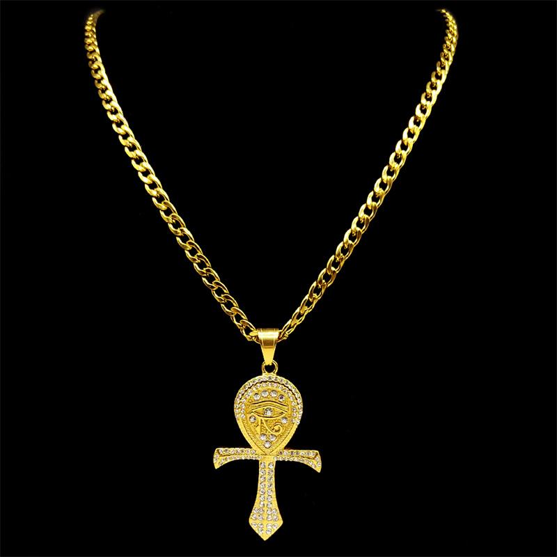 Egyptian Cross Ankh Key Of Life Rhinestone Devil Eye Necklace For Women Men Stainless Steel Gold Color Turkish Eye Jewelry