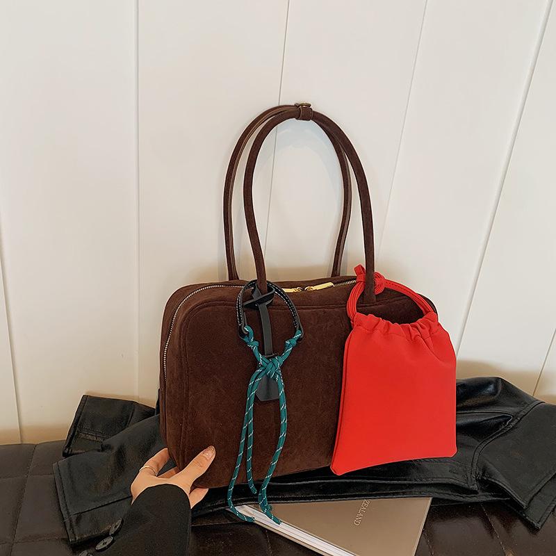 

2 шт. Однотонная осенне-зимняя сумка-тоут из искусственной замши, винтажная сумка-бостон через плечо для женщин, большая вместимость, женские сумки с подвеской кофейный