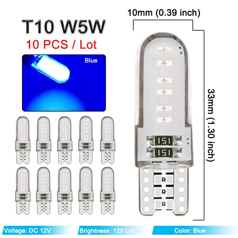 10 PCS T10 W5W LED Bulbs COB 12V 7500K White Car Wedge Side Signal Lights Interior Door Dome Trunk License Plate Lamps Silicone