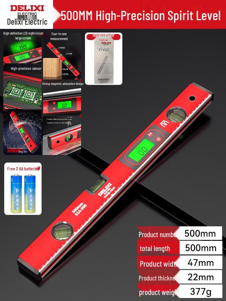 Delixi High Precision Aluminum Spirit Level with Magnet, Small Digital Display Magnetic Ruler