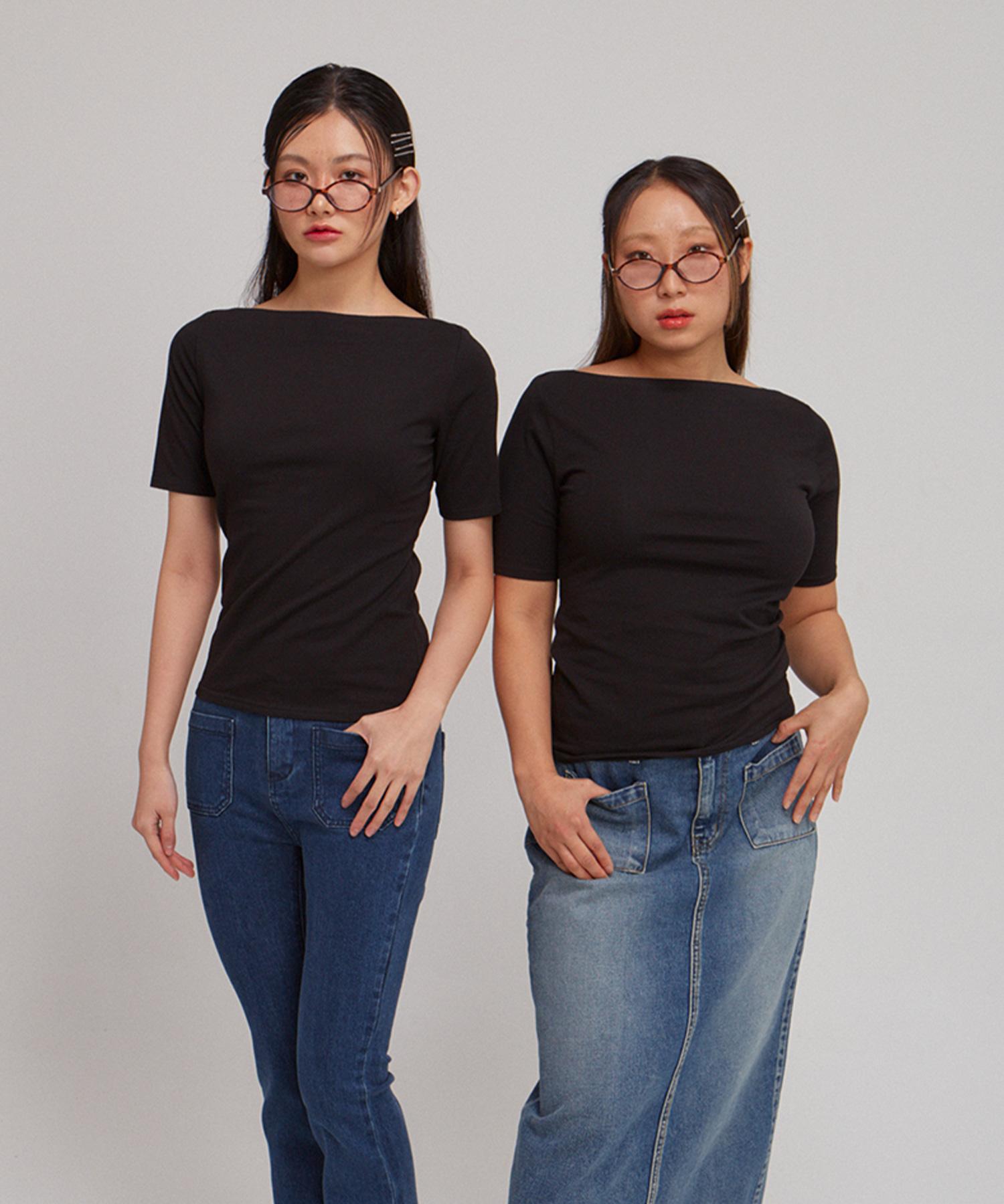 Salon De Yon Boat Neck Short Sleeve T_ Black L