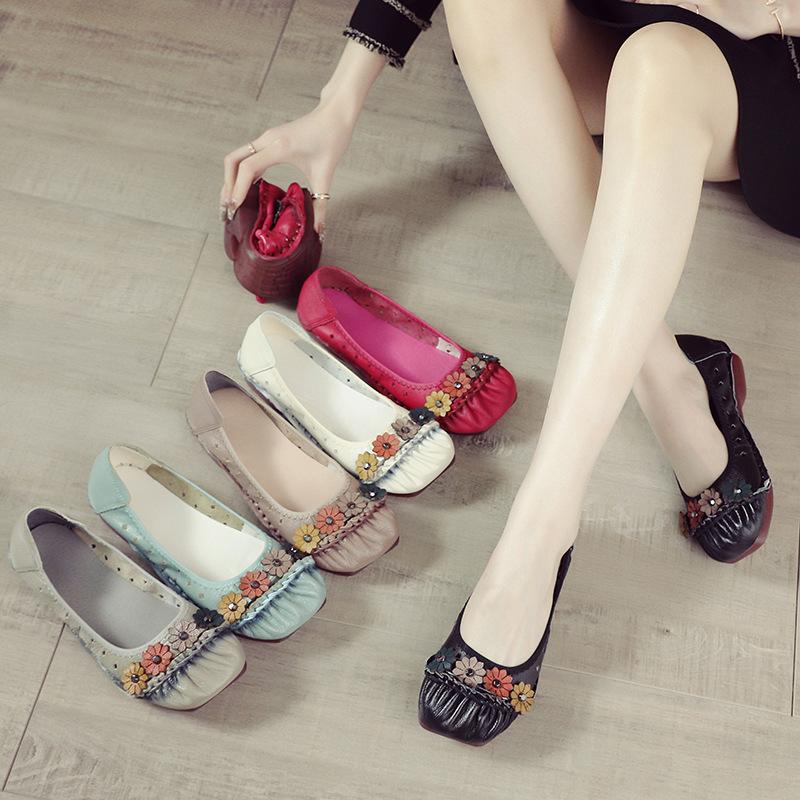 New Summer Casual Flat Sole Breathable Women's Shoes Ethnic Style Genuine Leather Hollow Single Shoes Women's Hole Shoes Soft Sole Mother's Shoes