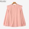 ZANZEA Women Vintage Round Neck Ruffled Long Sleeve Striped Blouses