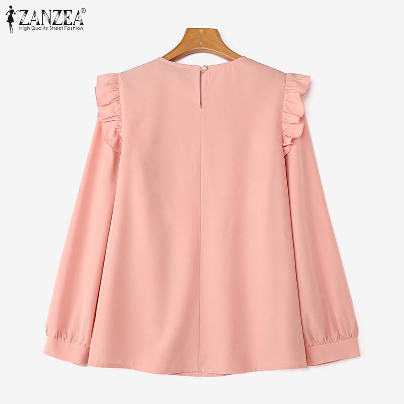 ZANZEA Women Vintage Round Neck Ruffled Long Sleeve Striped Blouses