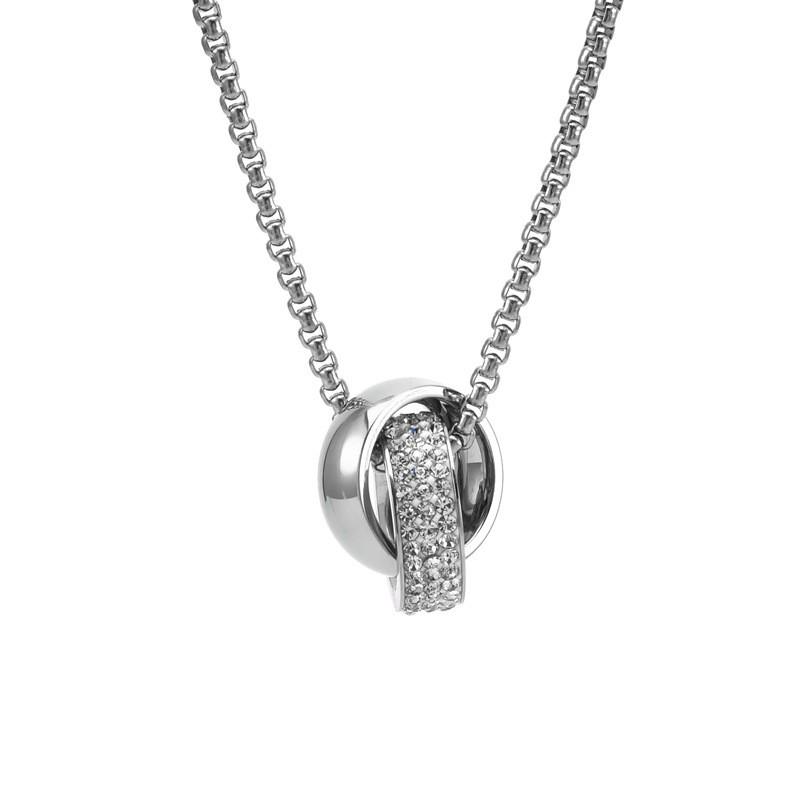 Stainless Steel Double Ring Pendant Necklace Men Hip Hop Style Long Chain With Crystal Charm Geometric Design