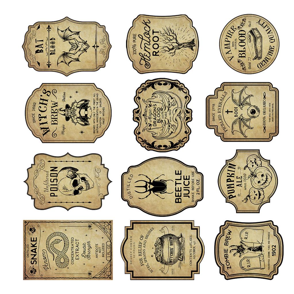 Pack of 12 Halloween Wine Bottle Stickers Vintage Apothecary Design Waterproof Paper for Party Decor