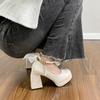 French pearl fairy wind bow platform waterproof table Mary Jane high heels women's thick heel single shoes bridesmaid shoes