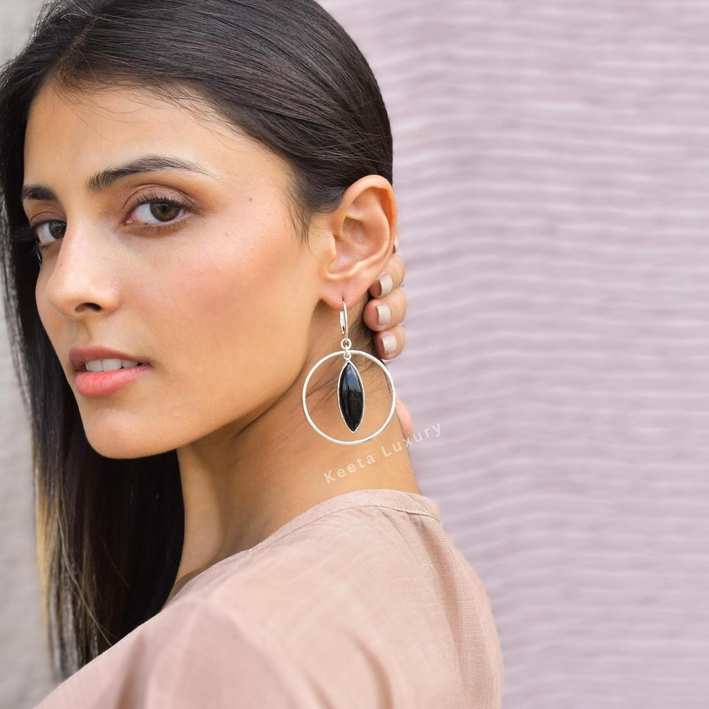 Genuine Black Onyx Hoop Earrings, Sterling Silver Stylish Dangler for Women, Healing Crystal Earrings, Unique Fashion Jewelry Gifts Ideas