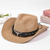 Hat Women's Summer Western Cowboy Straw Hat Ethnic Style Retro Sunscreen Sun Hat Solid Color Bullhead Label