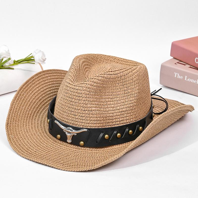 Hat Women's Summer Western Cowboy Straw Hat Ethnic Style Retro Sunscreen Sun Hat Solid Color Bullhead Label