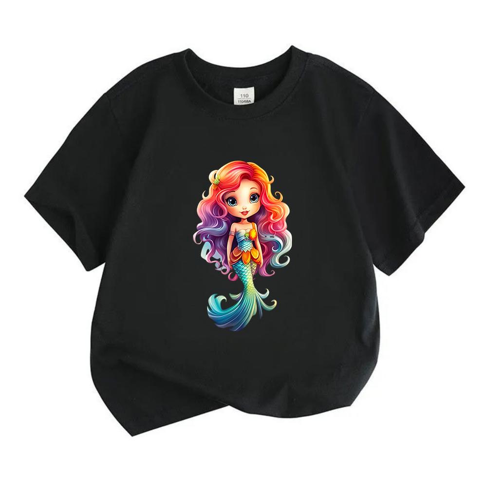 Kids Boys Girls Crew Neck Short Sleeve 100% Cotton T-Shirt Cute Rainbow Hair Mermaid Printed Casual Soft Tees for Summer Daily Wear Birthday Gift for