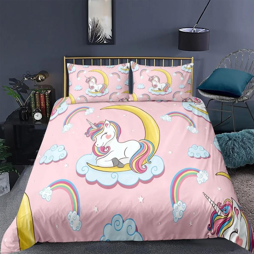 Children Bedding Set Single Bedding and Bed Sets Home Textile Unicorn Cartoon Lovely Kids Duvet Cover Set King Queen Full Twin