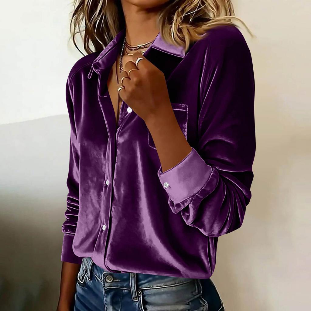 Damen Modisches Lässiges Langärmliges Kragenhemd Top aus Samt Übergröße
