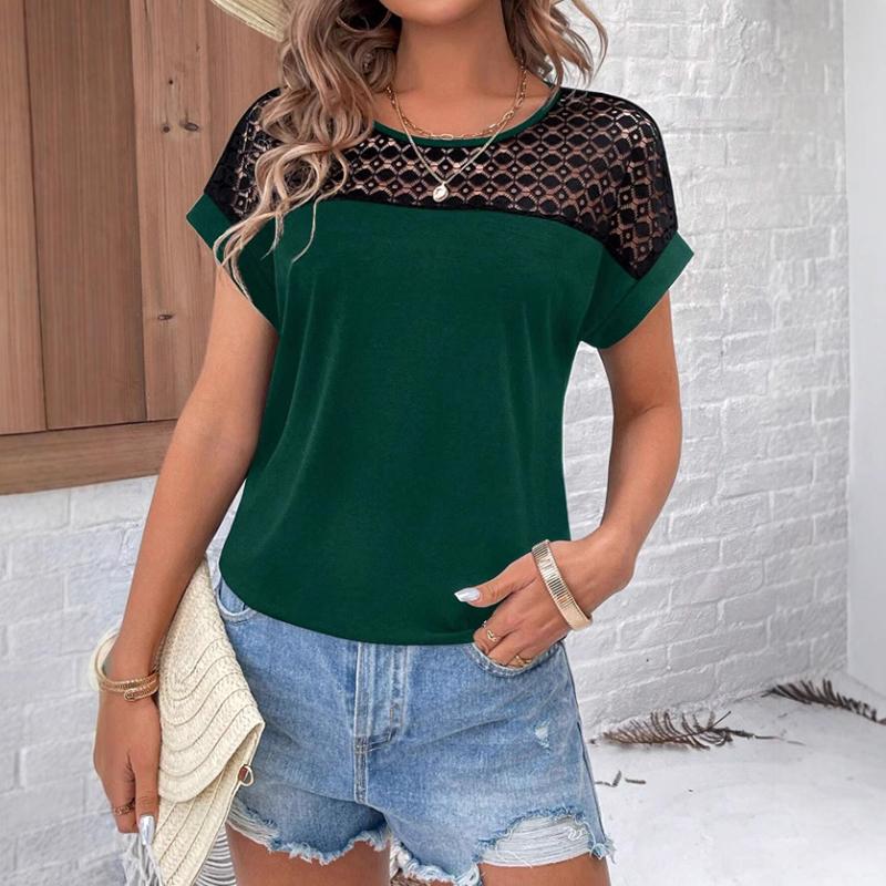 Ladies Summer Short Sleeve O Neck Lace Splice Solid Color Jacquard Pullover Hollow T Shirt Top