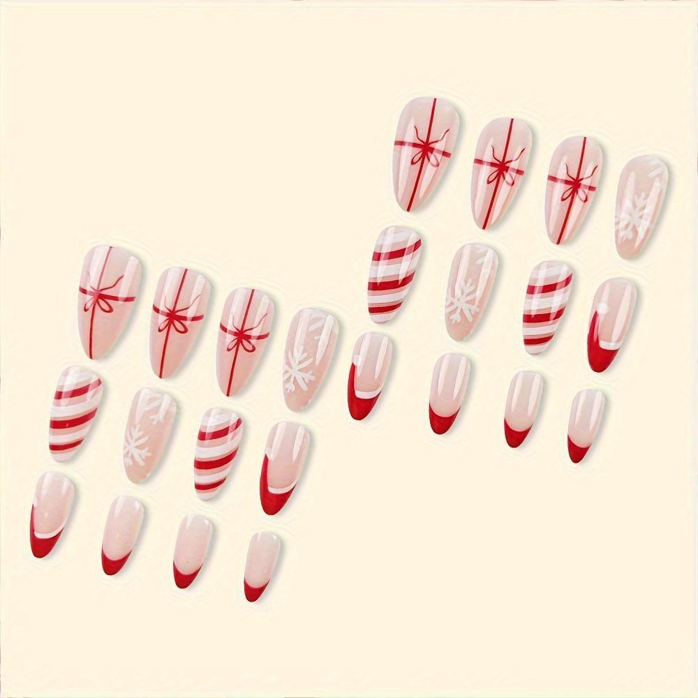 24 Pcs French Press on Nails Almond Christmas Hat Red and White Striped Bow Snowflake False Nails Kawaii Fake Nails Medium