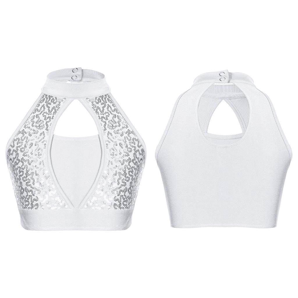 Girls Sleeveless Mock Neck Crop Top Sequin Patchwork Hollow Front Keyhole Back Dancewear