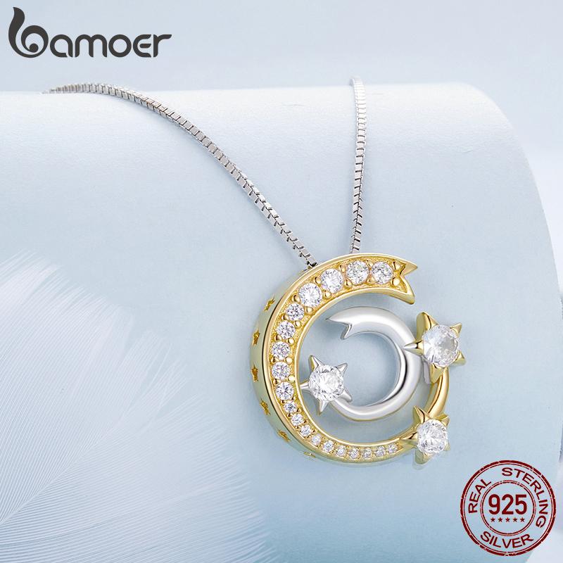 BAMOER 925 Sterling Silver Gold Meteor Pendant Necklace Moon and Star Neck Chain for Women Birthday Gift Fine Jewelry
