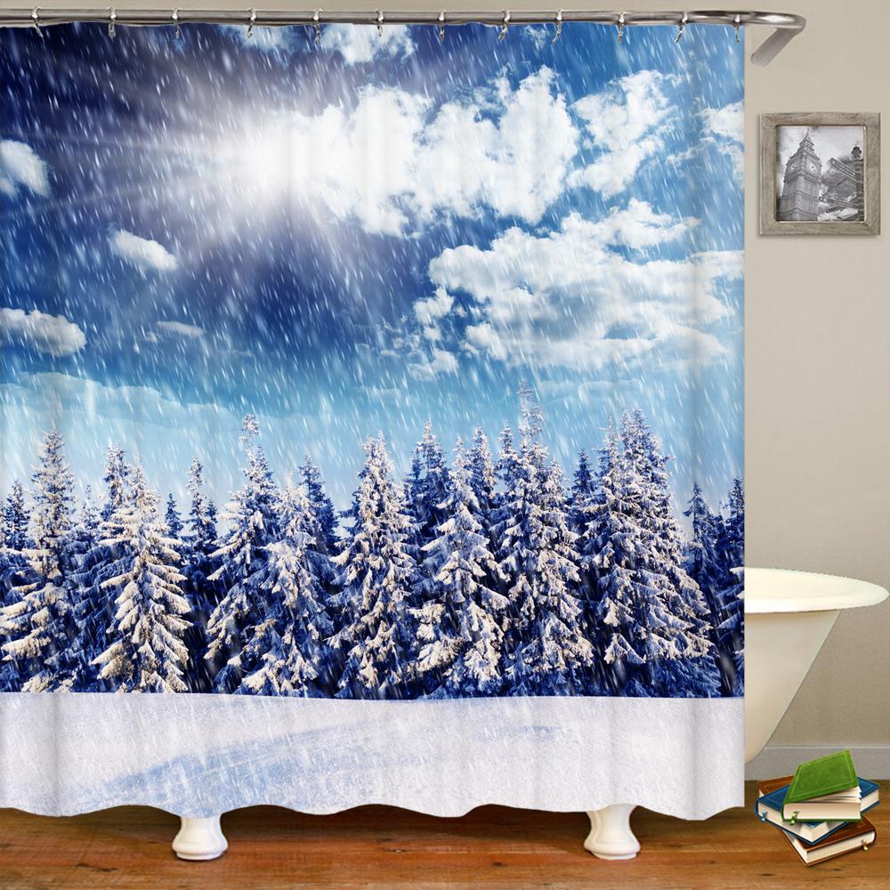 Natural Landscape Shower Curtains Bathroom Curtain Snow Scene Cedar Waterproof Polyester Bath Curtain Home Decorationwith Hooks