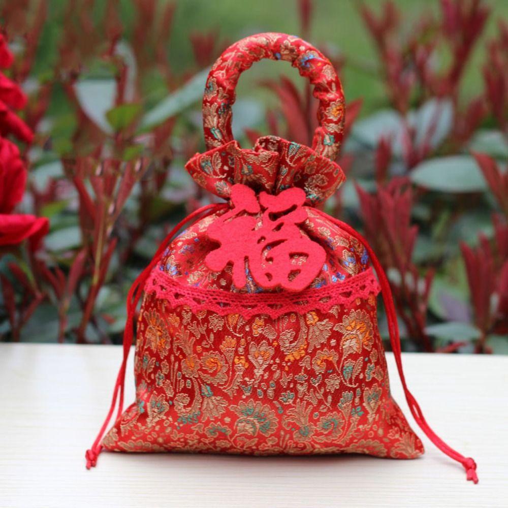 Chinese Style Flower Drawstring Bag Candy Storage Festive Sugar Bag Canvas Tassel Handbag Party