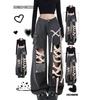 Black High-Waisted Straight Leg Distressed Denim Pants Women Punk Streetwear Wide Cropped Trousers