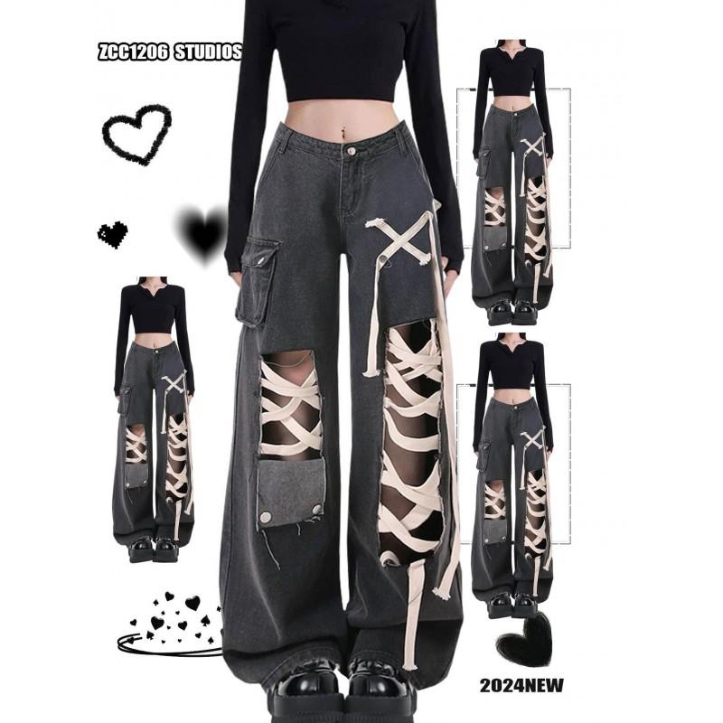 Black High-Waisted Straight Leg Distressed Denim Pants Women Punk Streetwear Wide Cropped Trousers