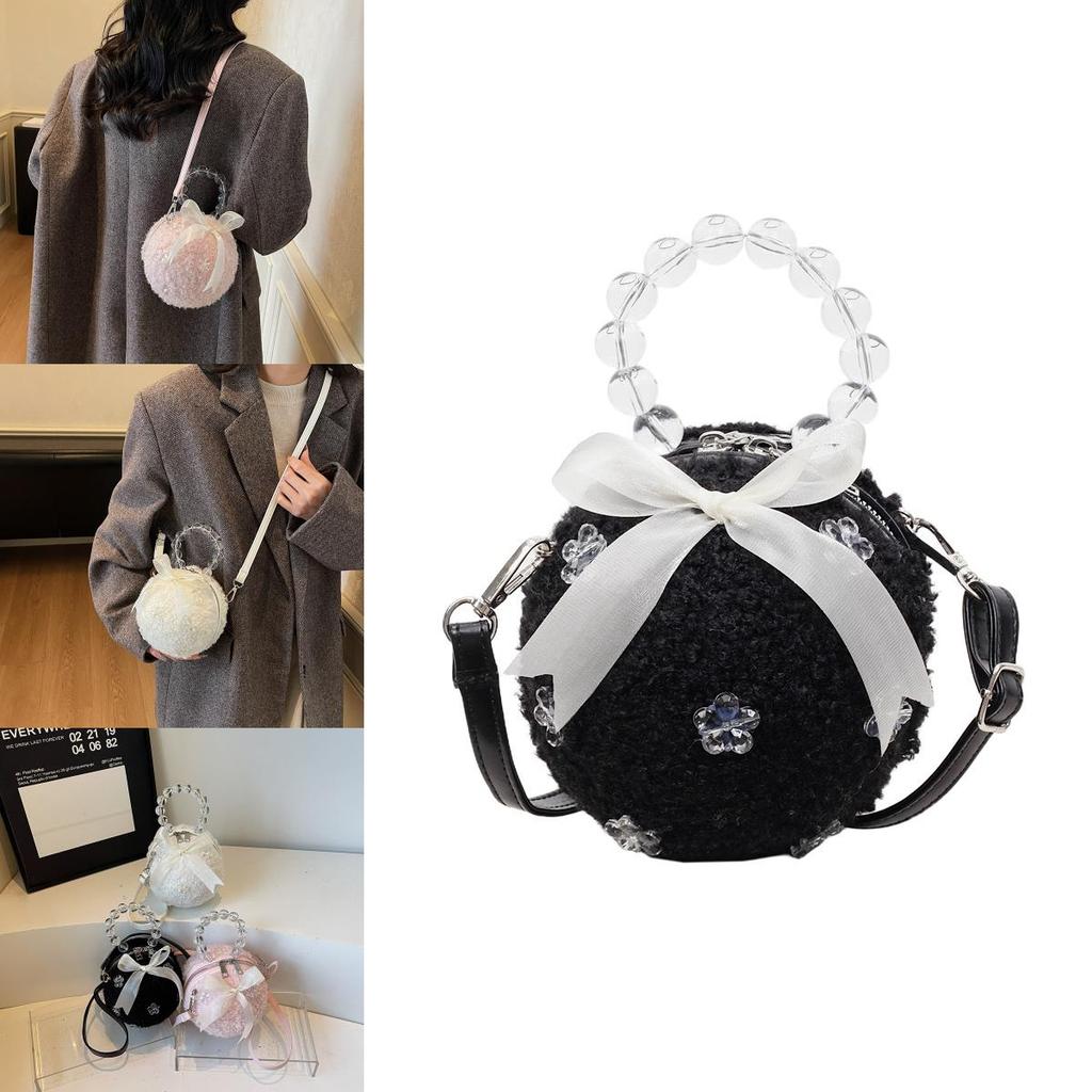 Nuova Borsa Rotonda Peluche con Perline Stile Cinese Portatile per Uso Quotidiano Casual