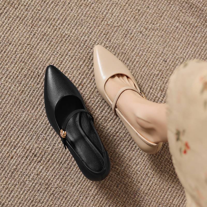 Krazing Pot Genuine Leather Round Toe Thin Heels Summer Shoes Solid Big Size 42 Shallow Decoration buckle Women Shallow Pumps