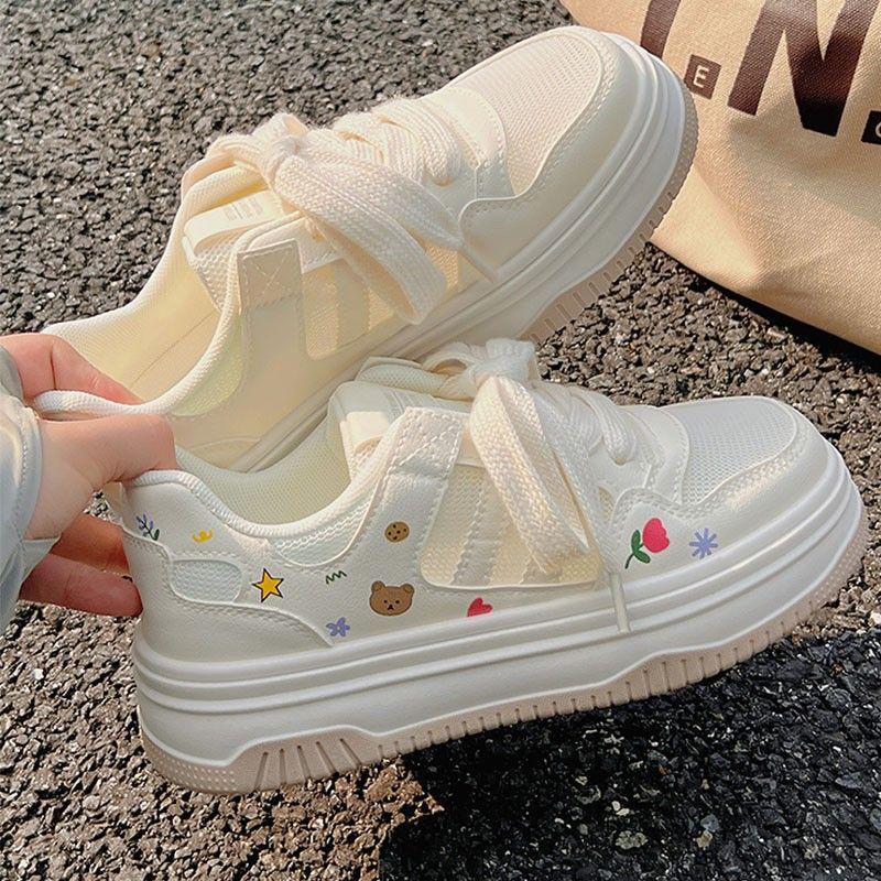 Fashion Lightweight Mesh Breathable Platform White Sneaker Women Spring Summer Shoes Casual Lace Up Flat Bottom Heighten Vulcanize Shoes