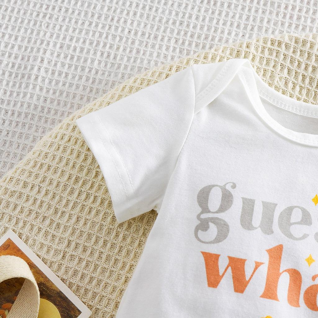 Baby Cute Alphabet Short Sleeve Cotton Bodysuit With Chick Print Pants and Hat Outfit Set