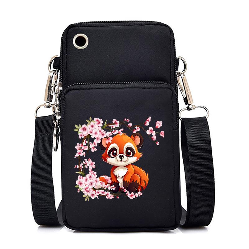 Cherry Blossoms Animal Raccoon Cartoon Printed Messenger Bag Multi-Function Mobile Phone Bag