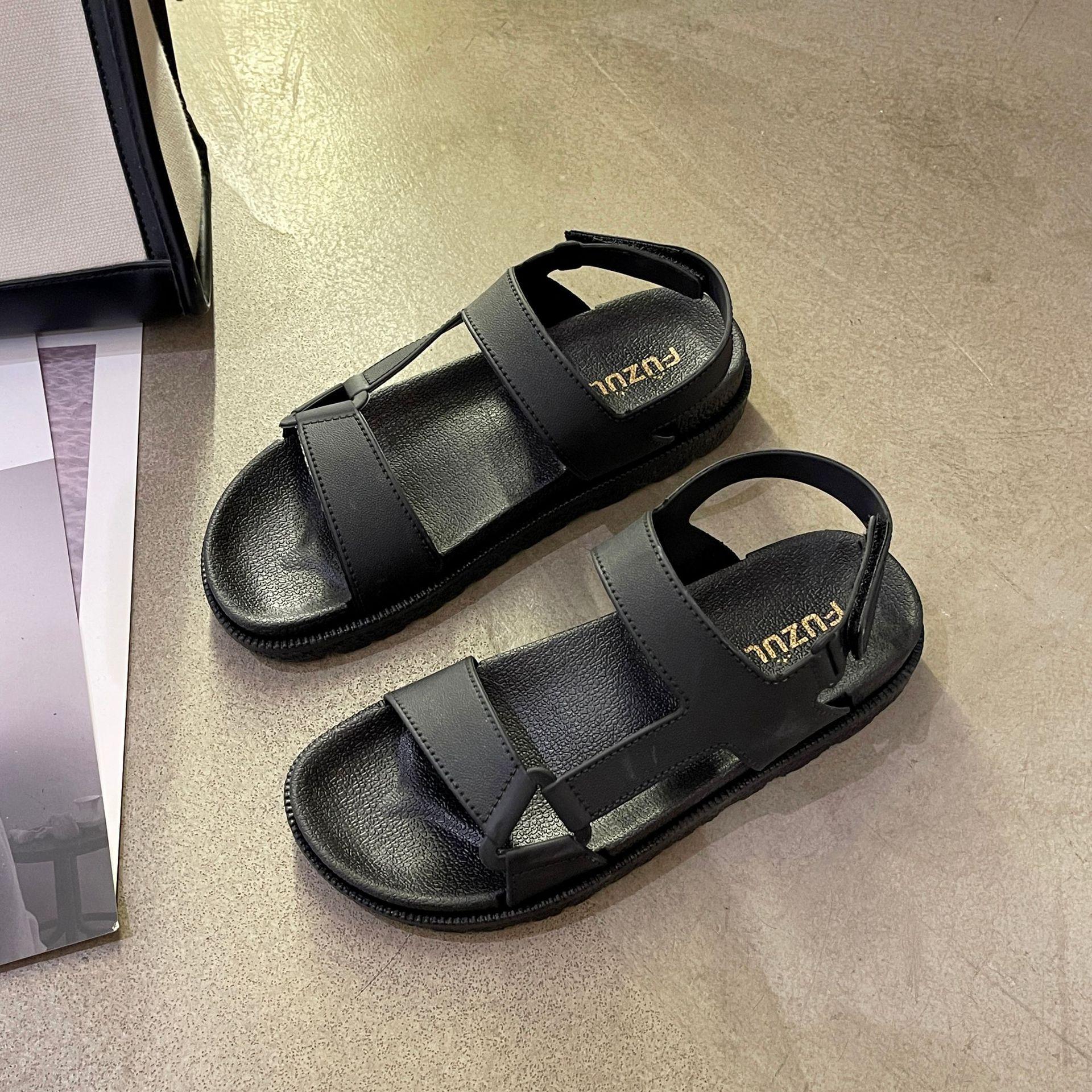 New sandals outer wear summer solid color word with open toe Velcro flat sandals seaside beach cool slippers 36 чёрный