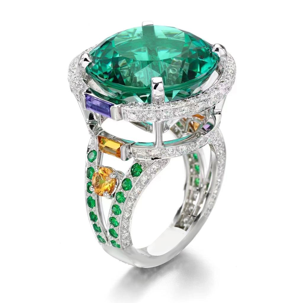 Designer Queen Fashion Micro-Inlaid Simulation Paraiba Ring Light Luxury Temperament Large Carat Emerald Women'S Ring