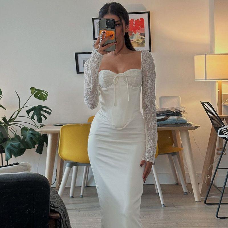 

Dress Fashion Elegant Silm Satin Long Dress Wrapped Chest Shoelace Cinched Patchwork Lace Long Sleeve Narrow Dress White L