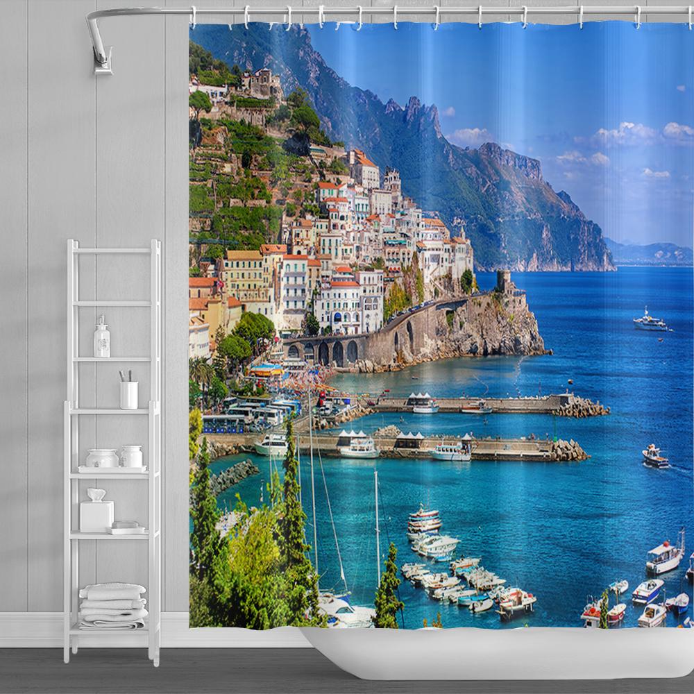 Natural Scenery Shower Curtains Seaside Mountain Landscape Bathroom Waterproof Polyester Bath Curtain Home Decoration With Hooks