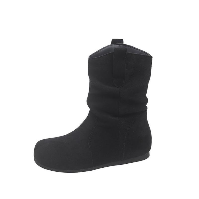 Vintage round head pleated medium tube women's boots suede small skinny boots women's sleeve knight boots