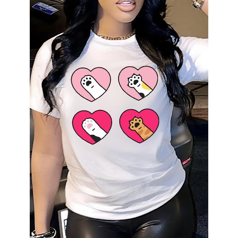 

Women S Casual Crew Neck T-Shirt with Heart Print, 100% Cotton Knit Fabric, Breathable & Comfortable, Regular Length, All Season Wear S белый