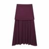 Women Skirt Set Wine Red Knitted V-Neck Sleeveless Slim Vest +Solid High Waist Zipper Patchwork Long Skirt Street