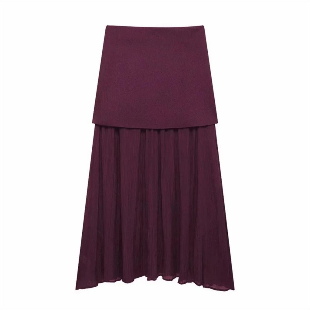 Women Skirt Set Wine Red Knitted V-Neck Sleeveless Slim Vest +Solid High Waist Zipper Patchwork Long Skirt Street