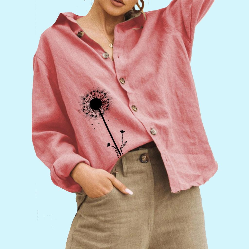 Women Fashion Floral Print Linen Shirt Ladies Casual Long Sleeve Top Loose Buttoned Blouse