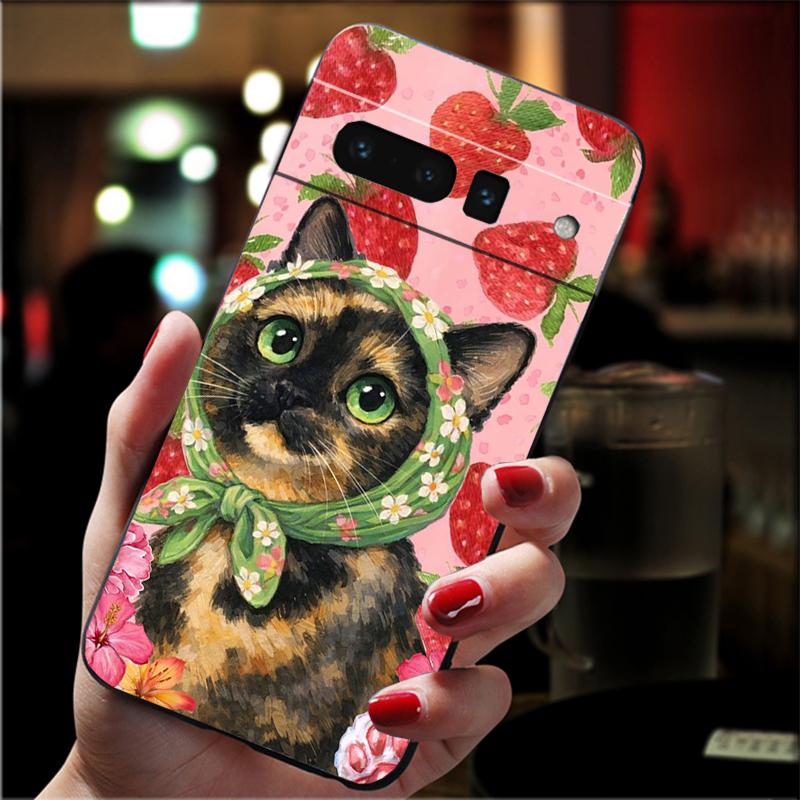 For Google Pixel 10 9 Pro XL Silicone Phone Soft Case For Google Pixel 9A 8A 7A 6A 5 Cover Shell Strawberry Fruit Cat