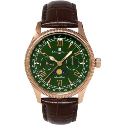 Salvatore Marra Men's Limited Edition Pink Gold and Green Watch, Moon Phase, Multi-Calendar, 5 ATM Water Resistance, Leather Strap, Business/Formal We