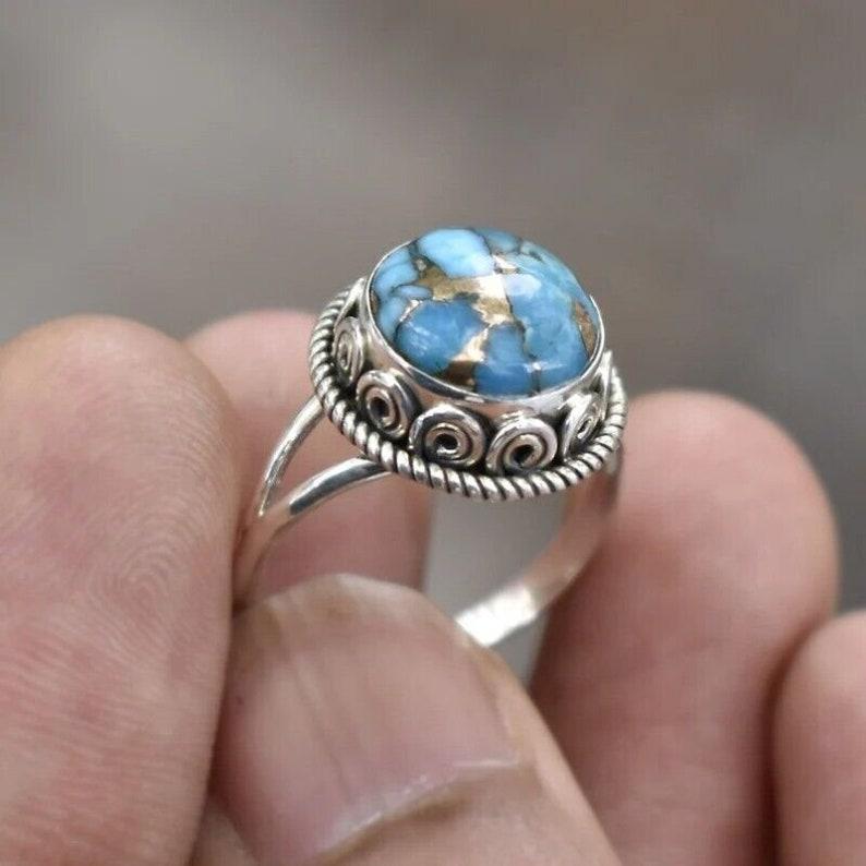 Blå Kobber Turkis Edelsten Ring, 925 Sterlingsølv Ring, Boho Ring, Håndlaget Ring, Designerring, Damering
