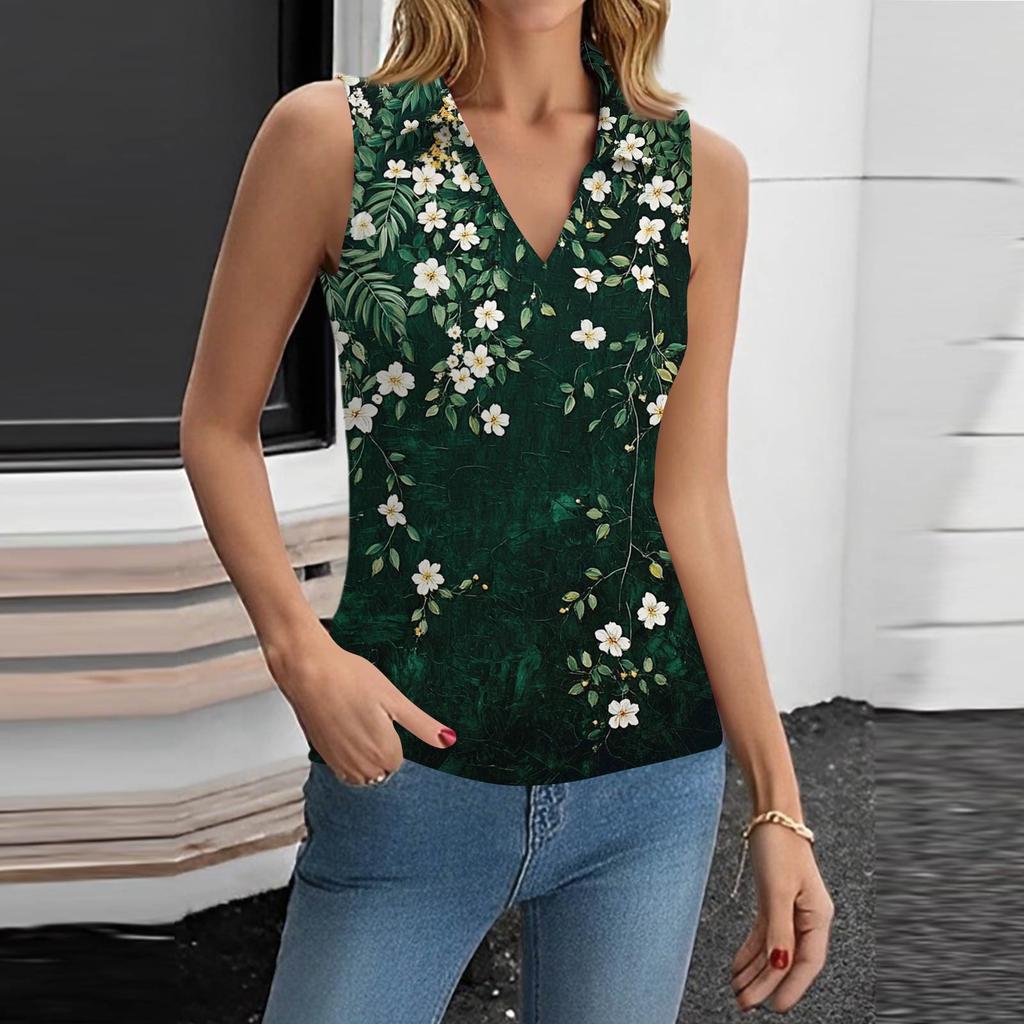 Damen Sommer Mode Lässig Retro Print V-Ausschnitt Ärmelloses Top Skinny Tanktop
