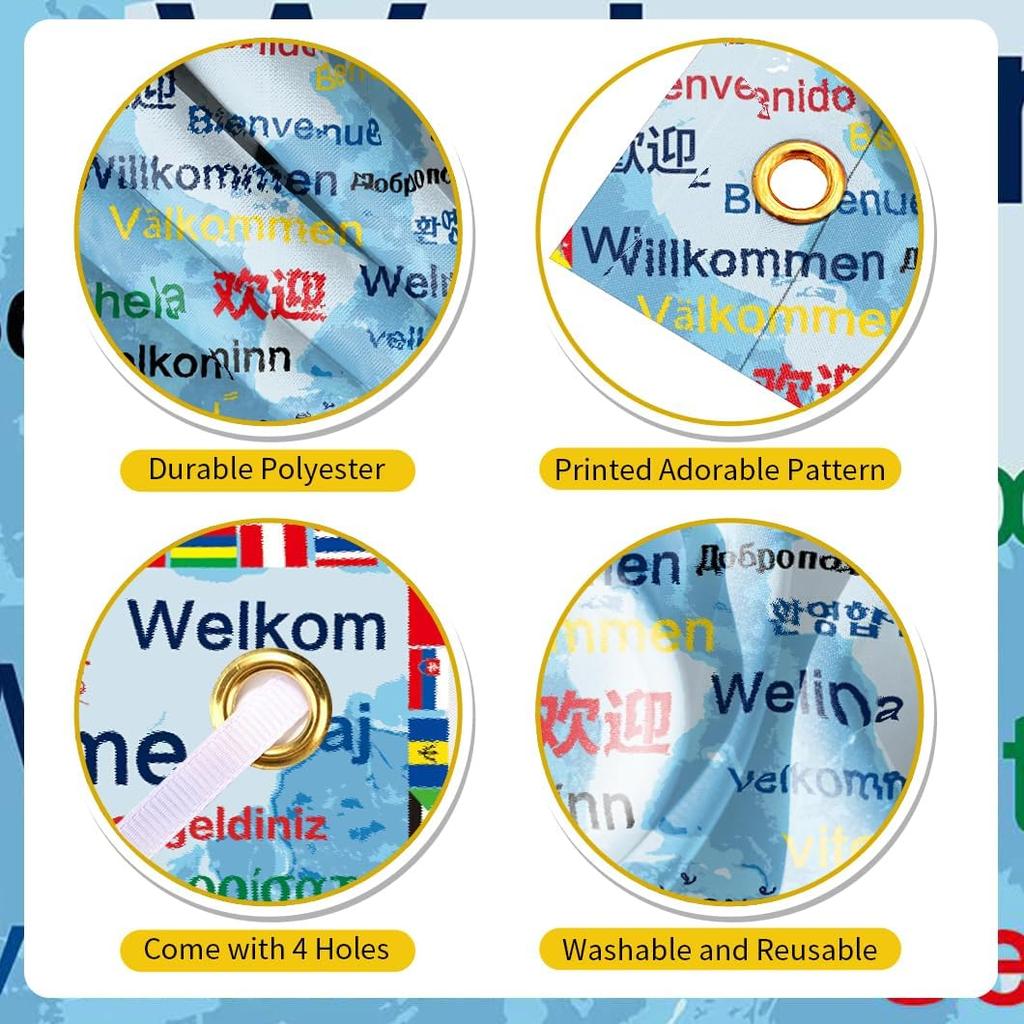 International Welcome Banner Decorations 52 World Country Flags Around the World Multicultural Decor - Large Welcome Backdrop Banner with 32