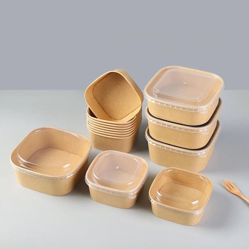 10Pcs Disposable Lunch Box Kraft Paper Square Lunch Box Fast Food Packing Boxes Paper Bowls With Lid Household Bento Boxes